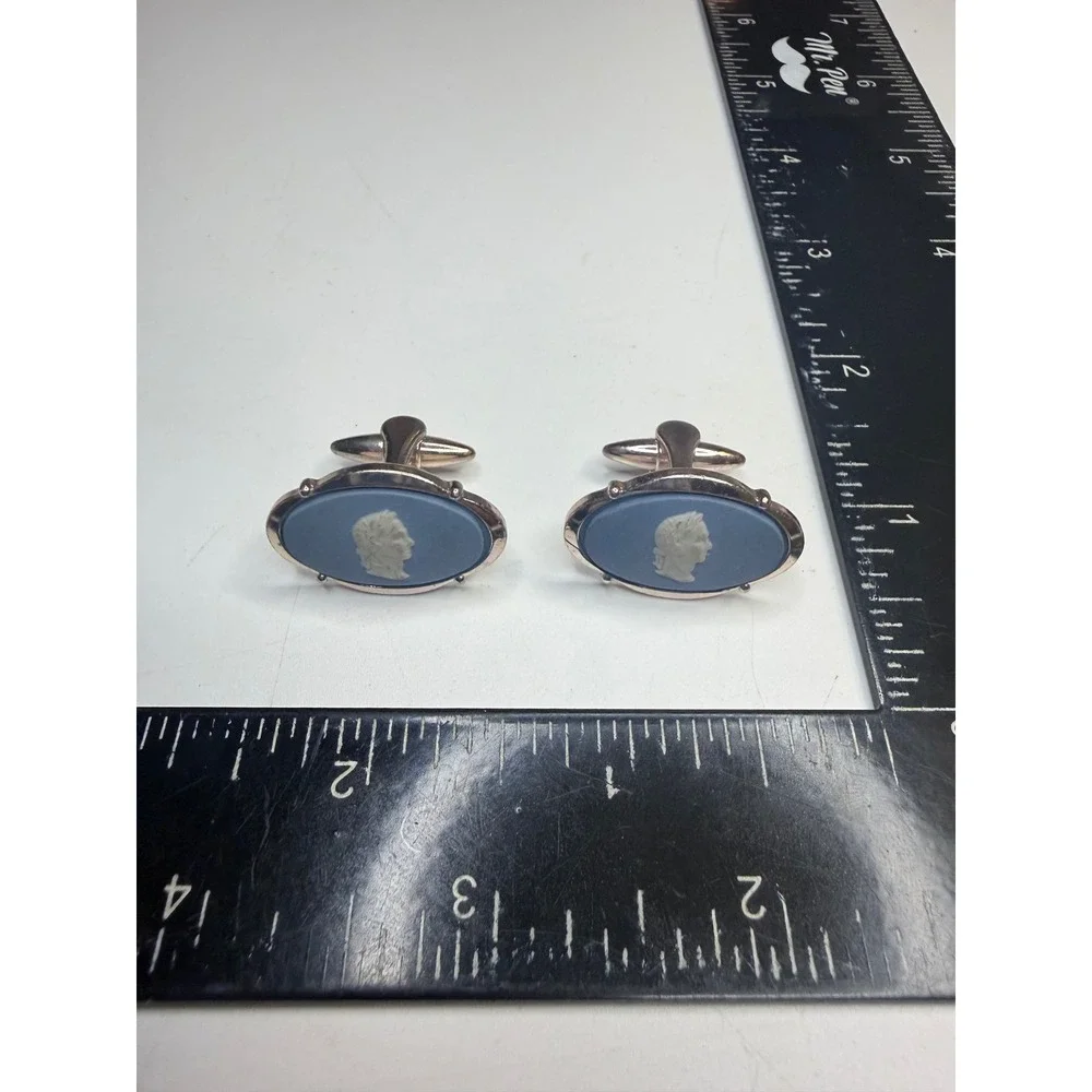 Wedgwood Blue Jasperware Cufflinks Gold Tone Roman Cameo Vintage Accessory